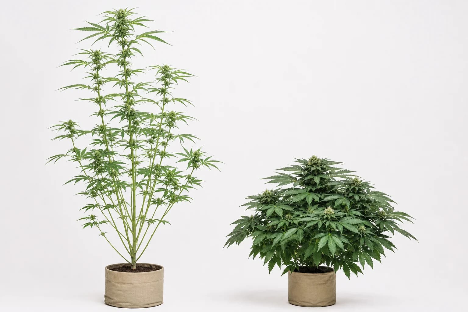 Tall sativa cannabis plant beside a short bushy indica plant